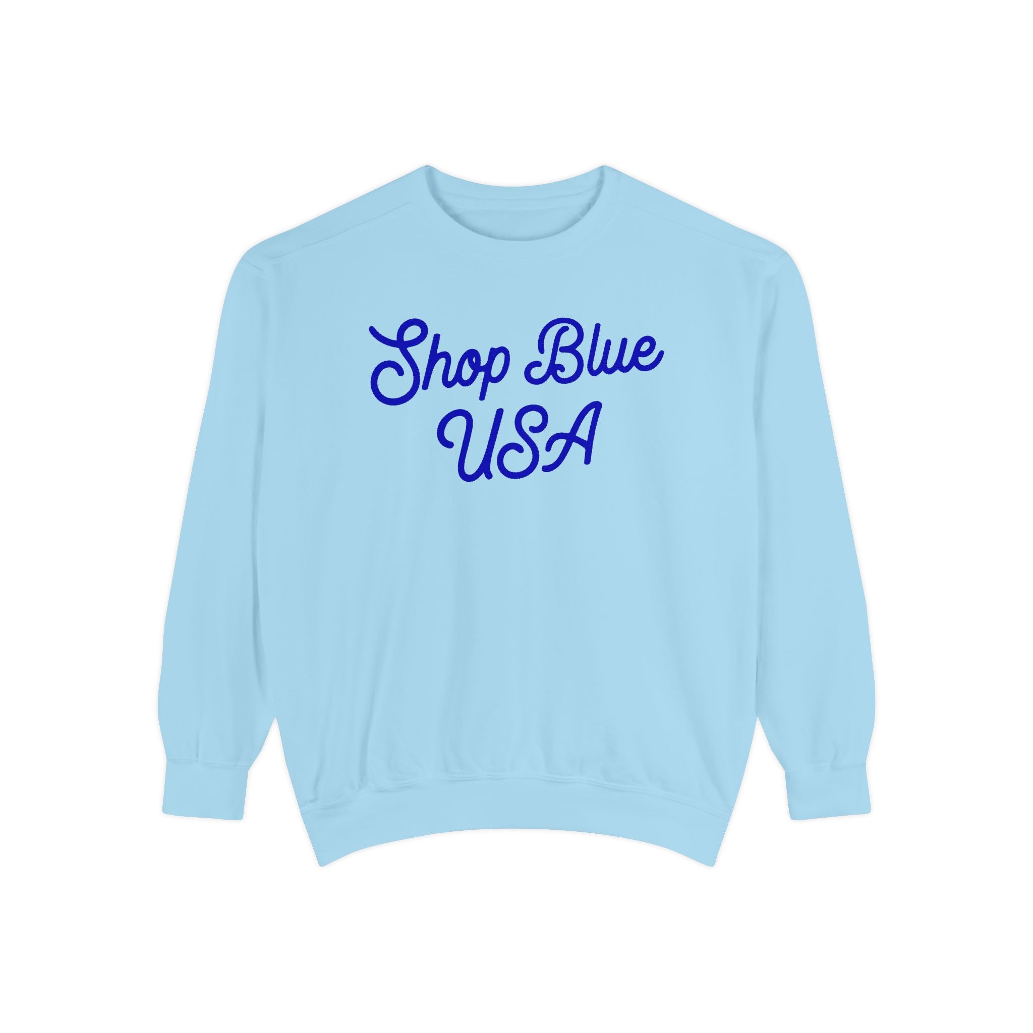 Shop Blue USA Sweatshirt — Light Blue Script Pullover