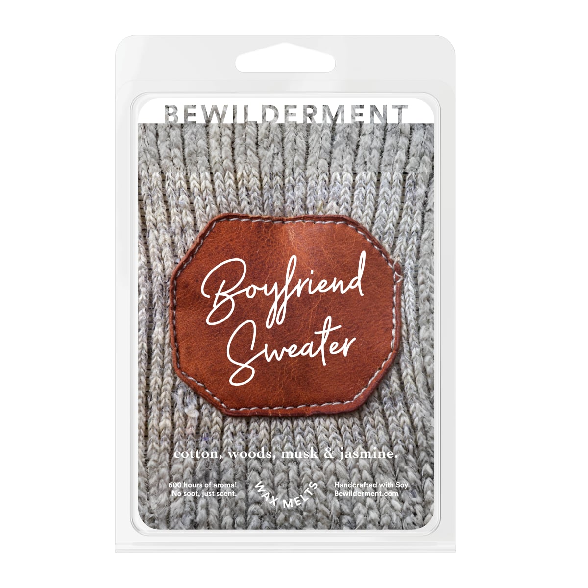 Boyfriend Sweater wax melts packaging with gray knit sweater background and brown leather patch label.