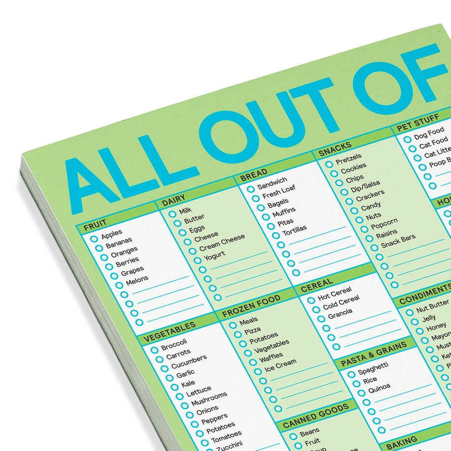 "All Out Of" Grocery List (Green) - Notepad