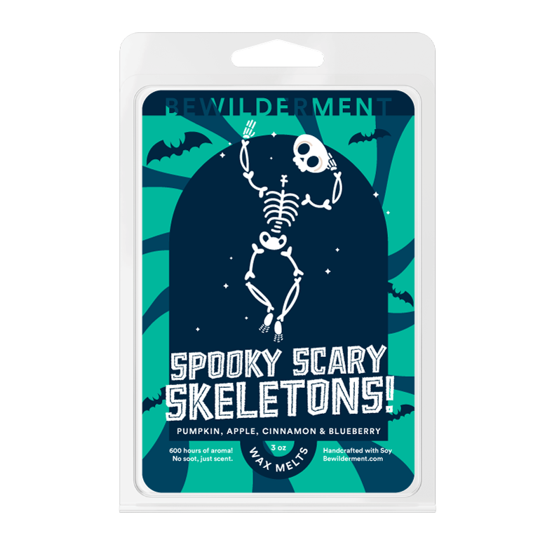 Wax melt packaging featuring a dancing skeleton on a dark blue background with pumpkin, apple, and blueberry scent icons.