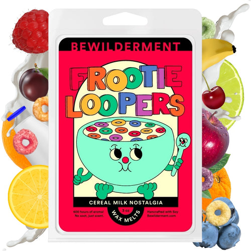 Frootie Loopers wax melts pack with colorful cereal milk nostalgia design on red background.