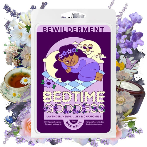 Lavender, lollipop, and chamomile scented wax melts with cartoon girl and moon on purple label.