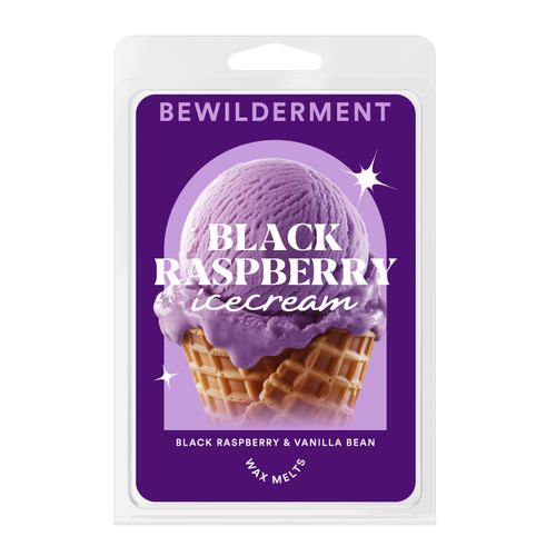 Purple ice cream scoop on waffle cone illustration on black raspberry vanilla wax melts packaging.