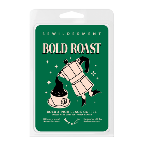 Bold Roast Coffee Wax Melts packaging with green background and illustrated coffee pot pouring into cup.