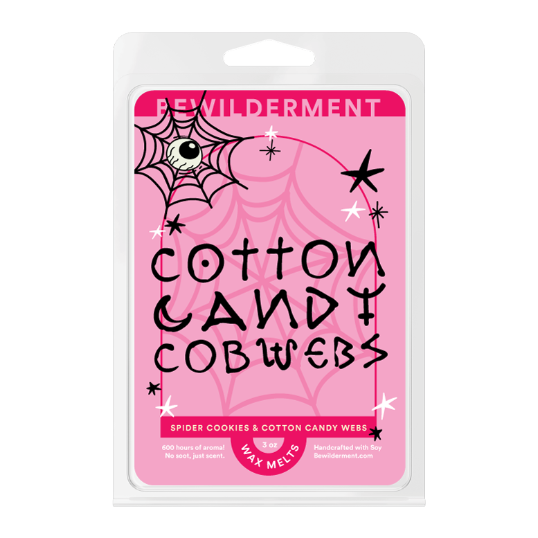 Pink wax melt packaging with black spiderweb and star graphics and playful black text reading "Cotton Candy Cobwebs".
