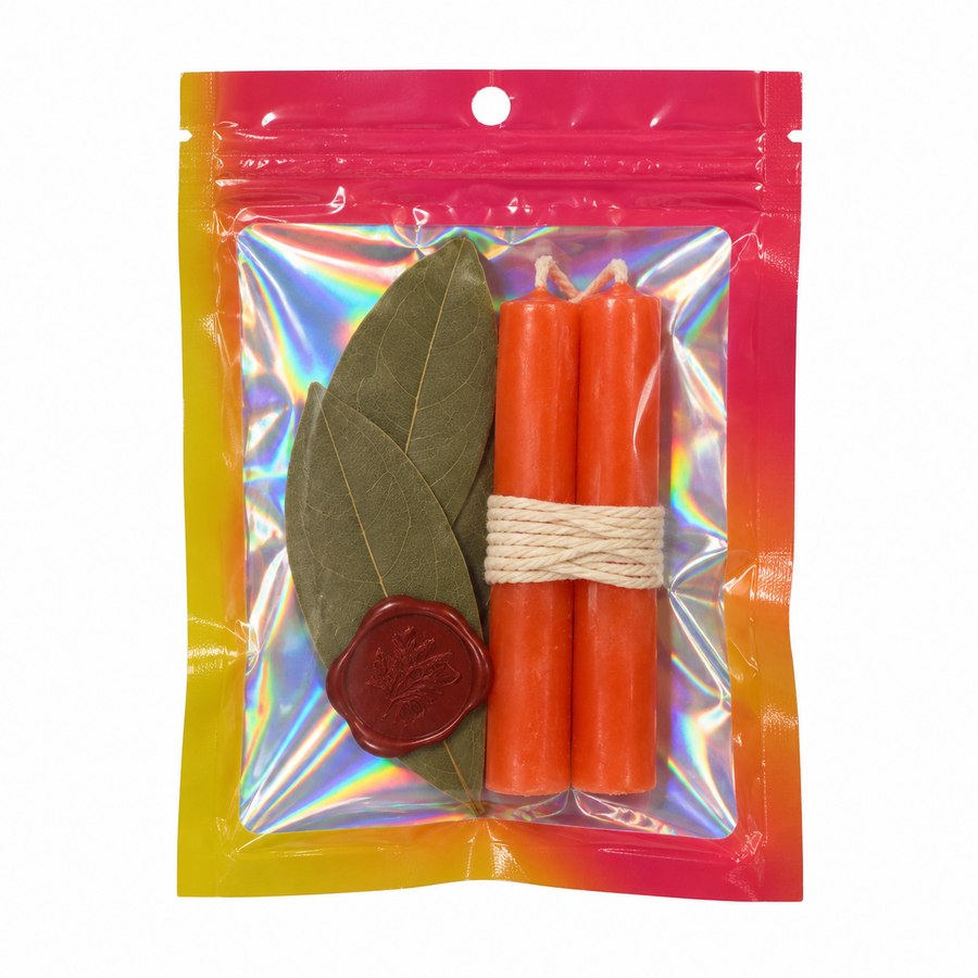 Orange chime candle spell kit in its iridescent pouch