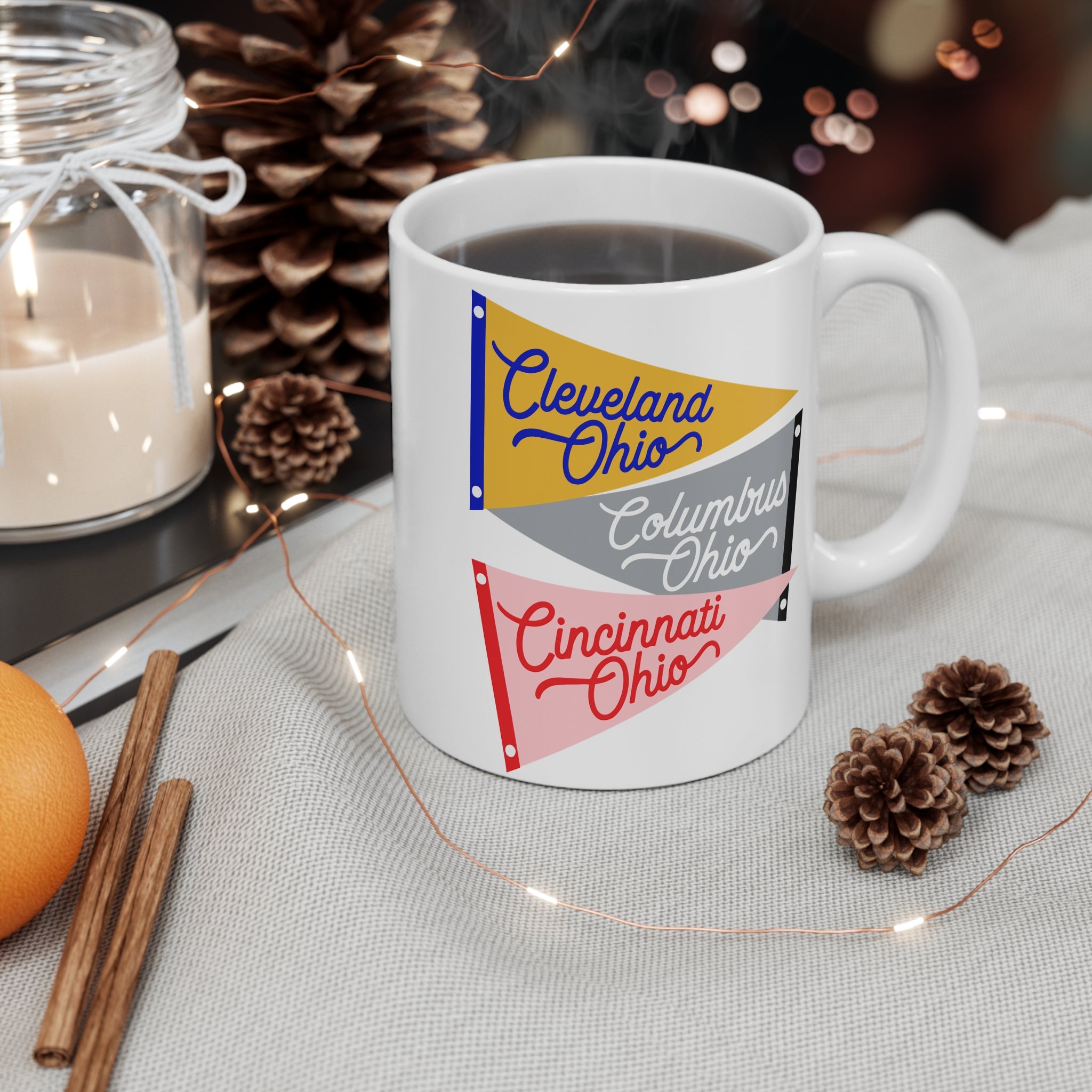 Ohio Cities Pennant Mug — Cleveland, Columbus & Cincinnati 11oz