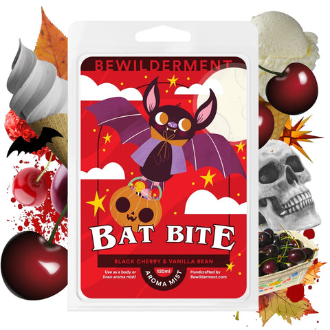 Red wax melts package with a cartoon bat holding a skull, labeled "Bat Bite" with black cherry and vanilla bean scent.