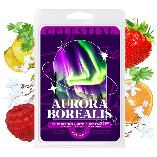Pack of colorful Aurora Borealis wax melts with a celestial purple and green label surrounded by fruits.