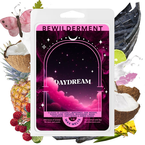 Rectangular wax melt pack with a pink and purple dreamy night sky design and white "Daydream" text centered on the front.