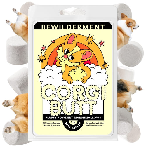 Corgi Butt Wax Melts package featuring playful corgi cartoon and fluffy white wax cubes.