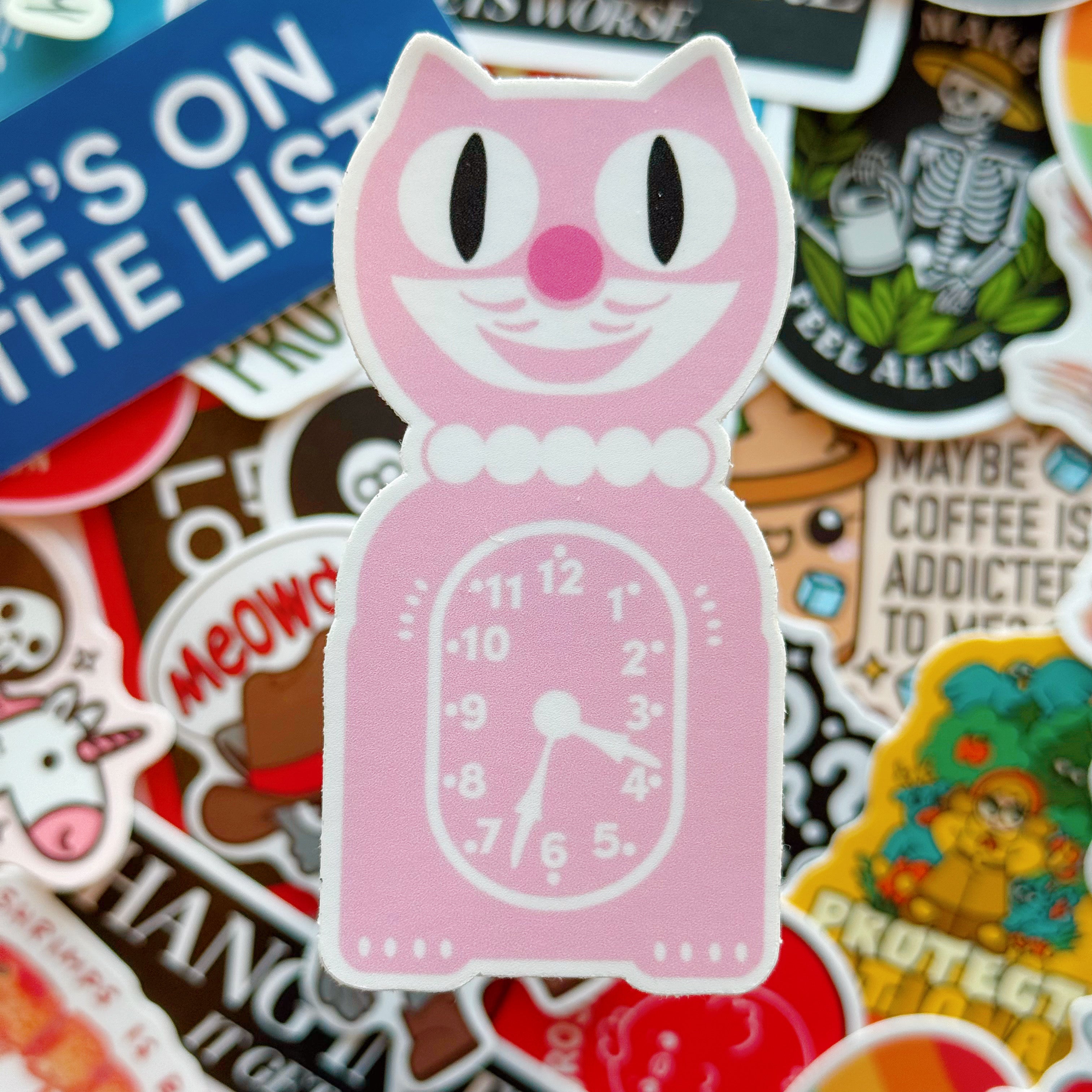 Pink Cat Clock Vinyl Sticker