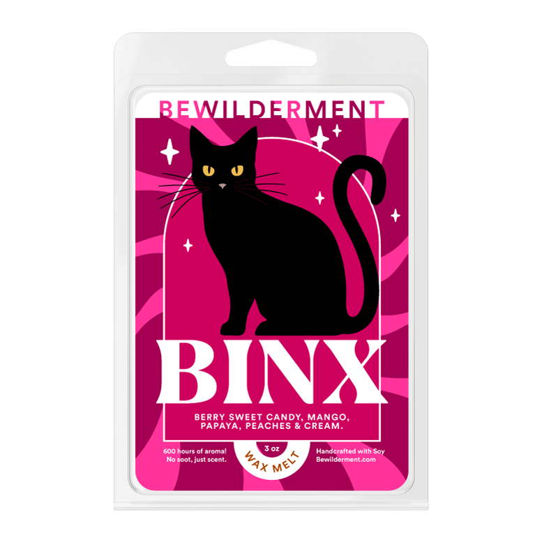 Wax melt pack featuring a black cat silhouette on a bright pink background with white stars and bold "BINX" text.