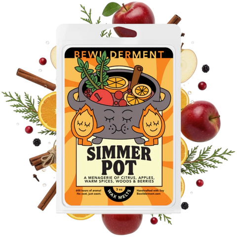 Wax melt clamshell packaging with autumn simmer pot illustration, featuring cinnamon sticks, orange slices, and apples.