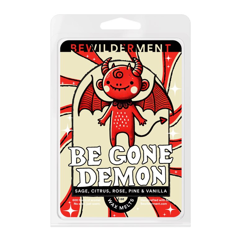 Be Gone Demon wax melts pack featuring red cartoon demon with wings on beige and red striped background.