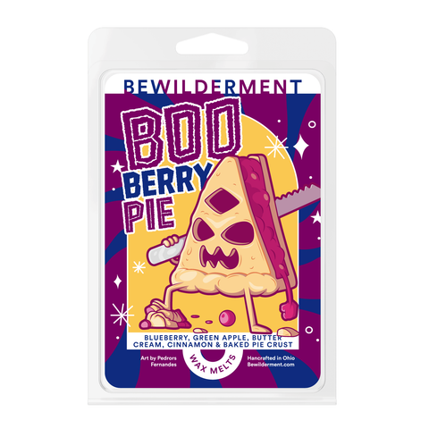 Wax melts package with cartoon Halloween-themed blueberry pie slice and colorful text on purple background.