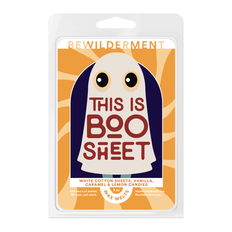 White wax melts pack with cartoon ghost and orange sunburst background labeled This Is Boo Sheet.
