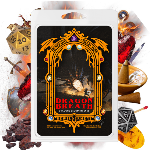 Wax melt packaging with ornate golden frame, fiery dragon illustration, and bold red "Dragon Breath" text on black background.