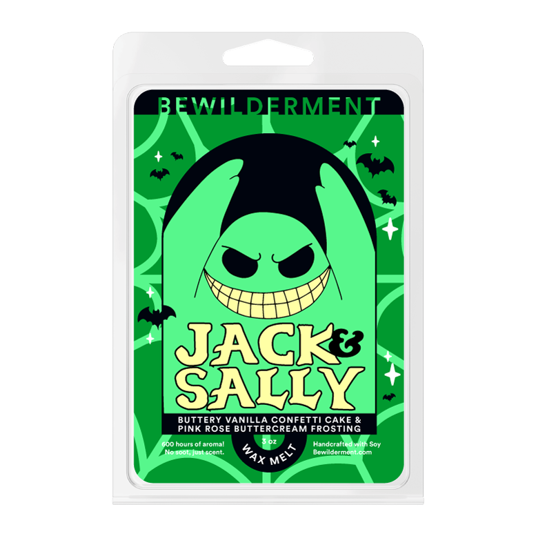 Jack & Sally wax melt clamshell with green and black spooky design and vanilla coffee cake scent label.