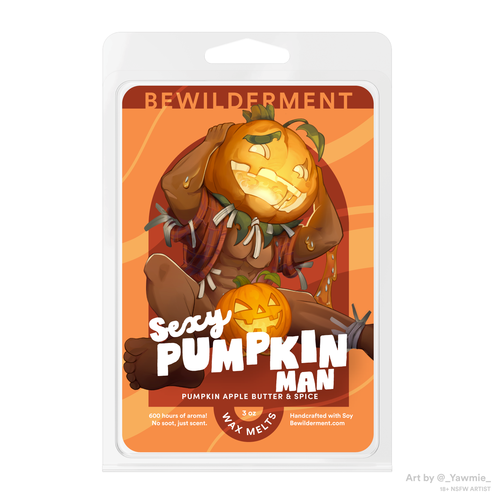 Wax melts packaging with illustrated muscular pumpkin man holding a smaller pumpkin, orange background, white and orange text.