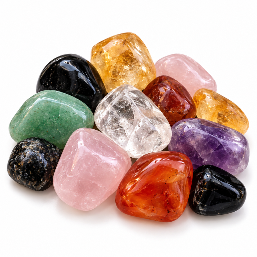 Colorful polished crystals and stones, shown as examples
