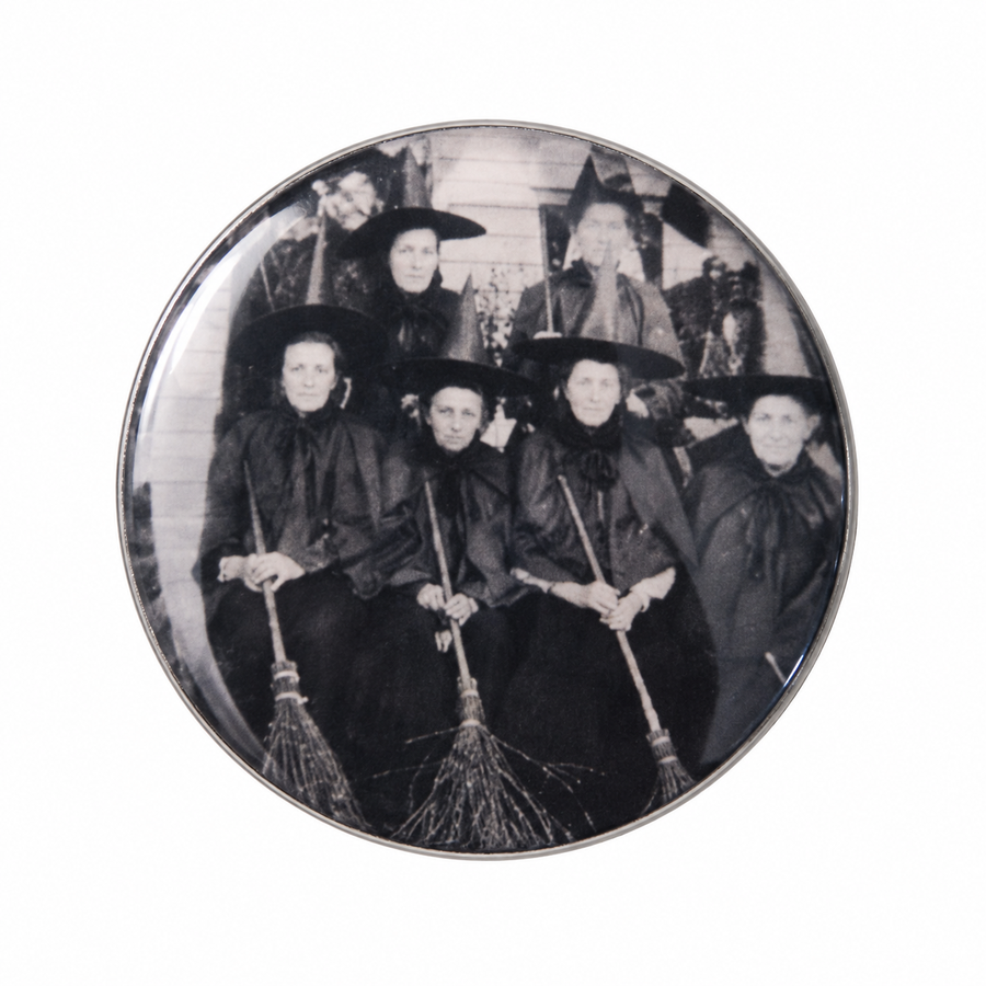 Pocket mirror with a black-and-white vintage witches design