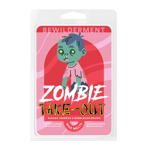 Zombie Take-Out wax melts pack with cartoon green zombie on pink background and cherry flavor label.