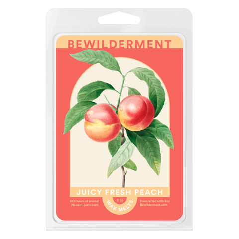 Peach-scented wax melts clamshell with illustrated peach branch on coral background.