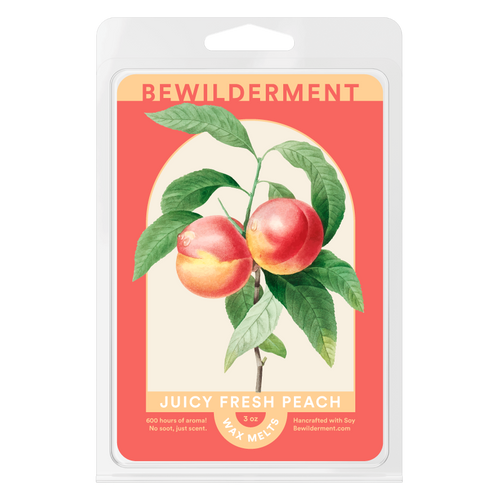 Peach-scented wax melts clamshell with illustrated peach branch on coral background.