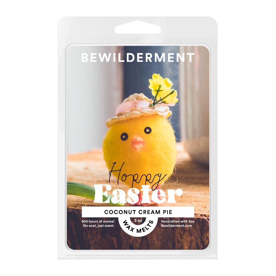 Yellow chick-shaped wax melt with pink hat and flower on top, labeled Hoppy Easter Coconut Cream Pie.